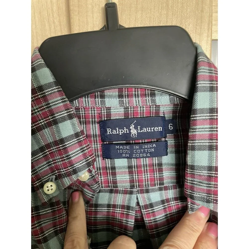 Ralph Lauren Boys Blue Red Plaid Cotton Button Down Shirt Sz 6 Party Holiday Top
